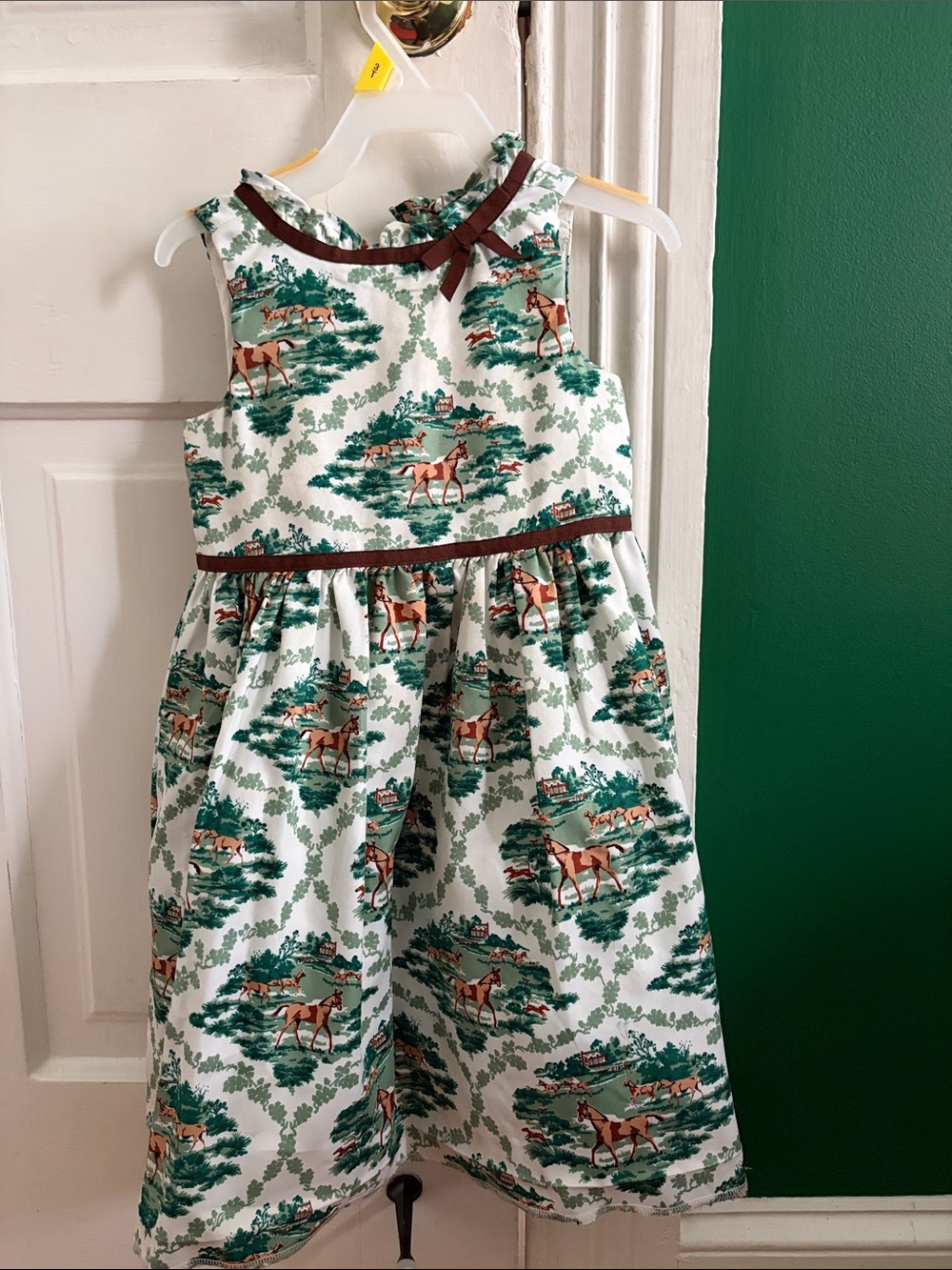 Janie and Jack White Dress with Green and Brown Horse Print size 3